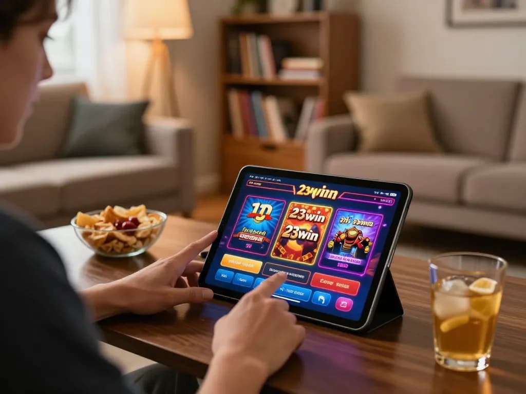 Player enjoying online gaming at 23win on a tablet in a cozy living room setting