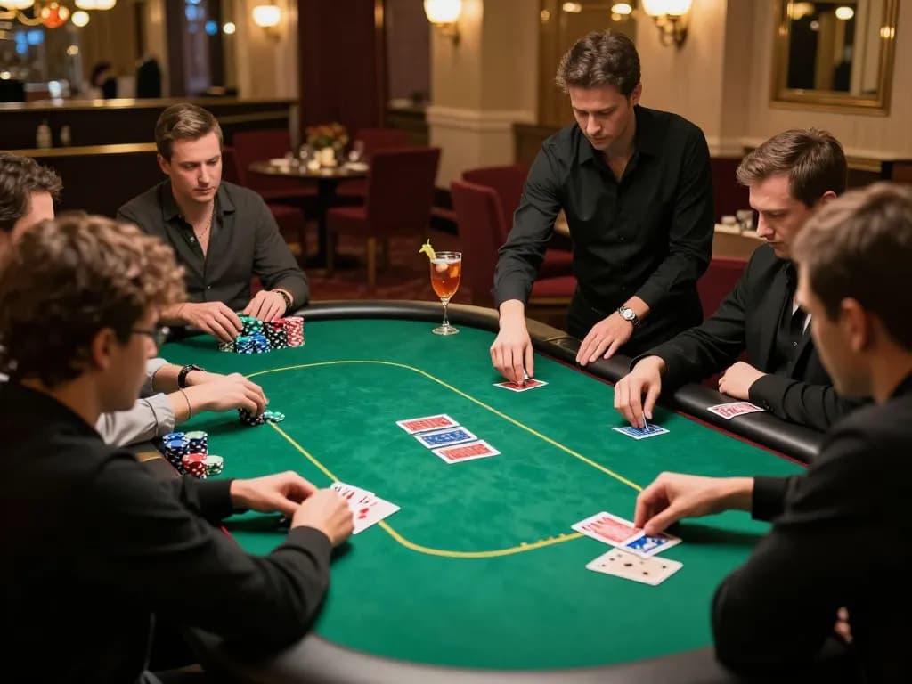 Players strategizing at the AX88 poker table with vibrant lighting and luxurious decor