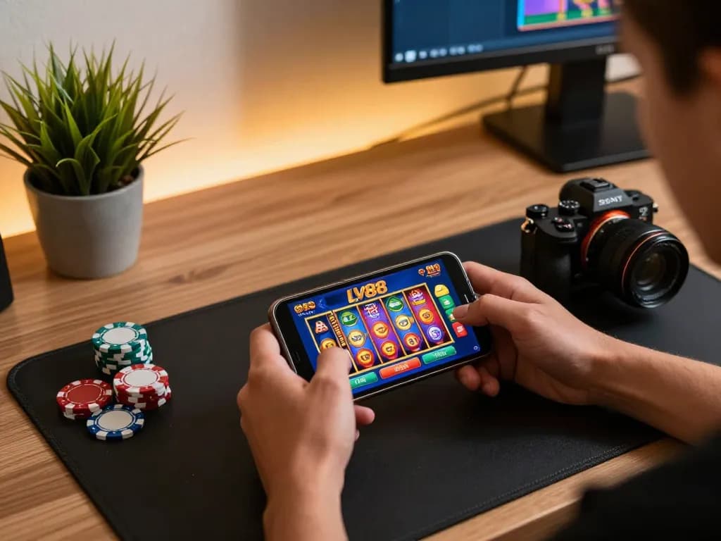 Engaging mobile gaming experience with LV88 app in a cozy setup, highlighting online gambling.