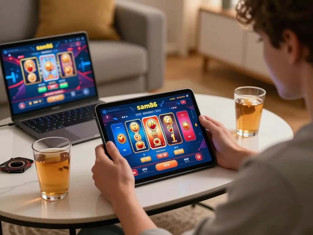 Player enjoying sam86 casino games on tablet in cozy home setting with strategic notes.
