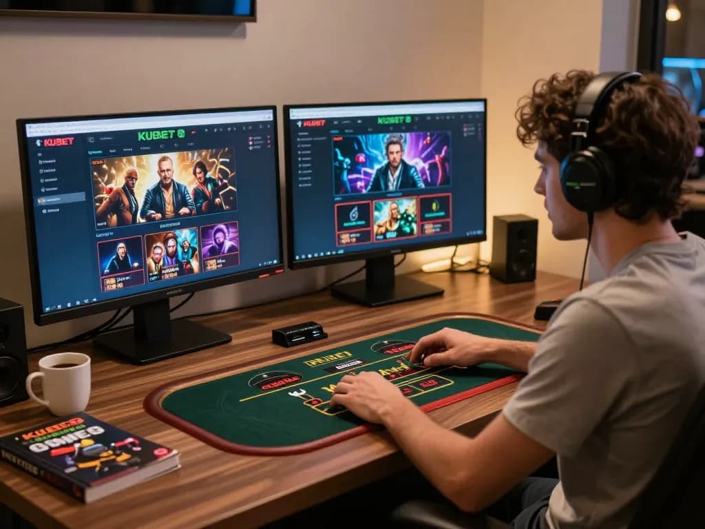 KUBET gaming enthusiast engaging in a live dealer game at a stylish home setup with ambient lighting