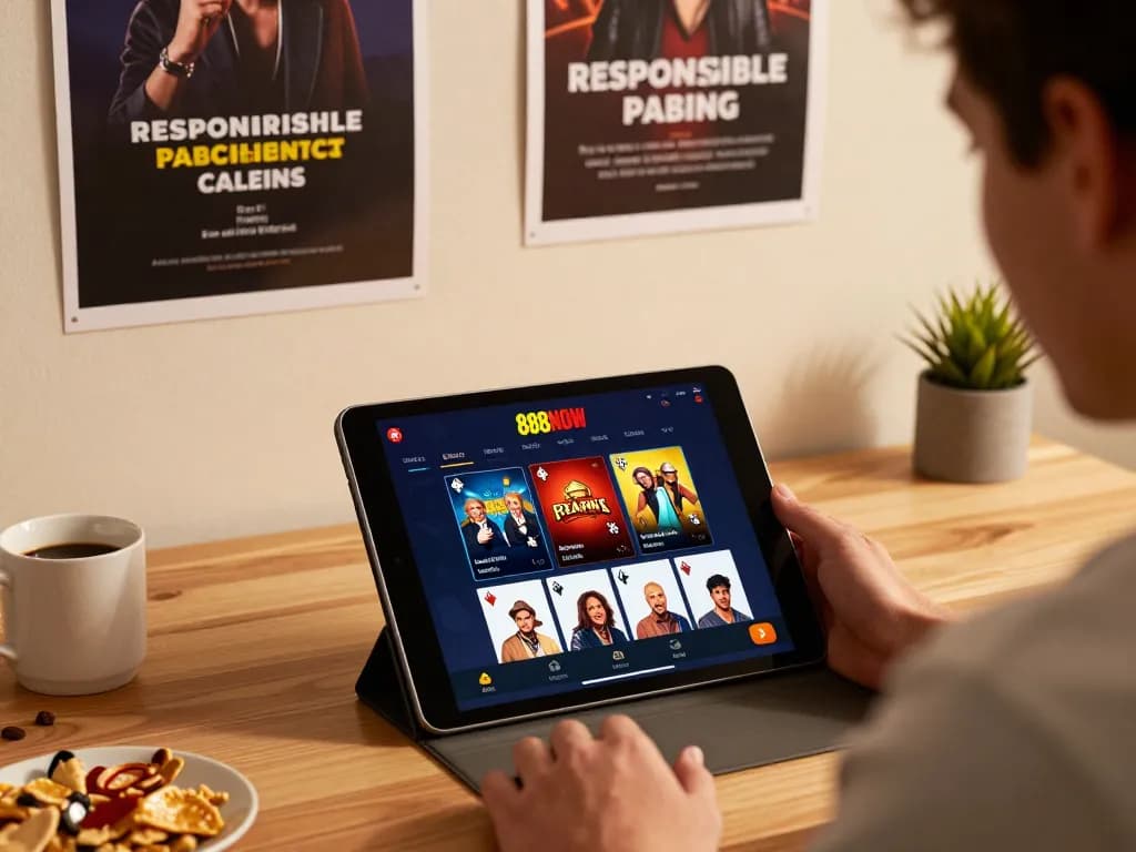 Engaged player enjoying 888NOW casino app on tablet in a cozy home setting.