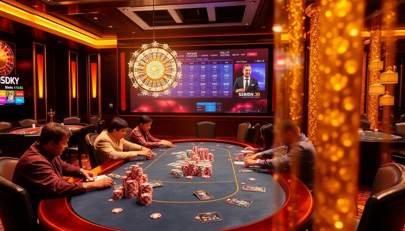 Engaging scene at https://mm88.moe/ featuring players enjoying poker amidst a luxurious casino ambiance.