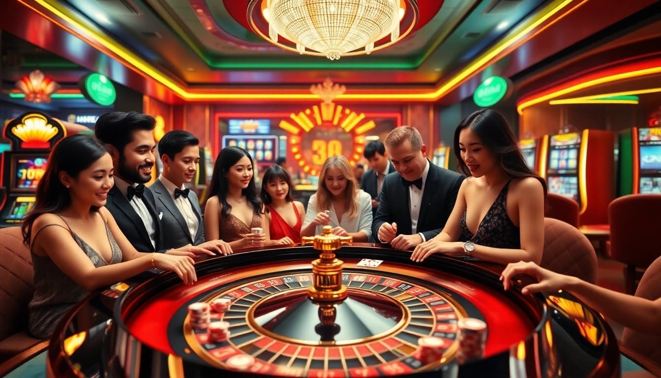 Experience the excitement of HZ88 with a lively casino atmosphere featuring a modern roulette table.