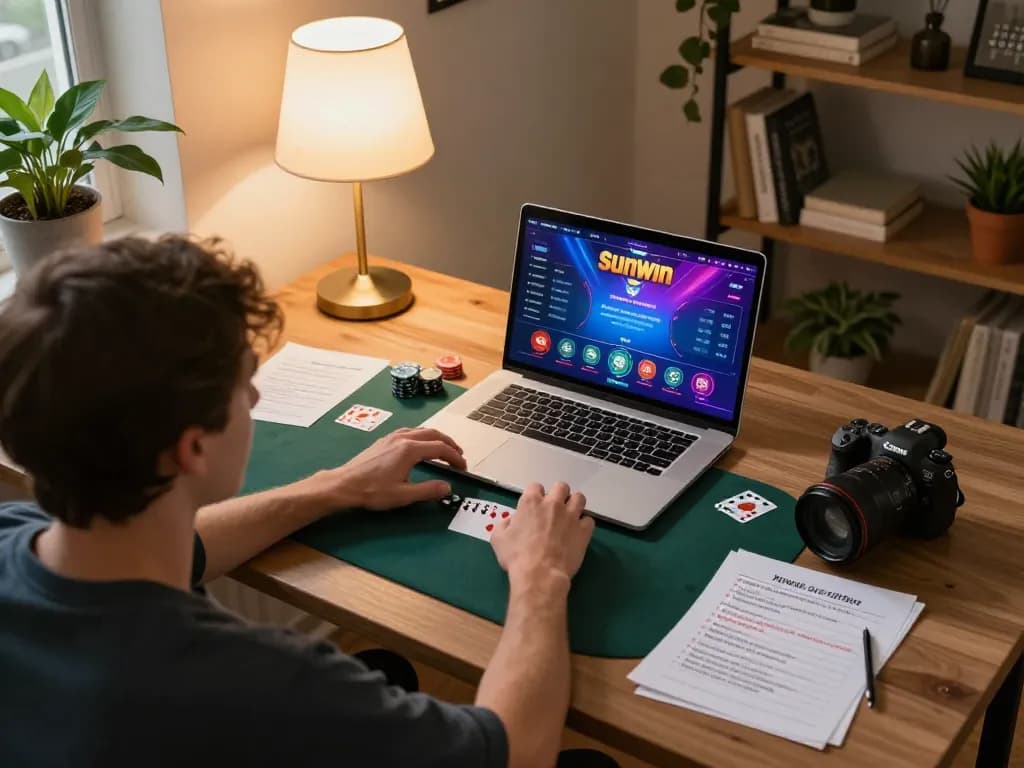 Sunwin poker gameplay on a laptop showcasing strategic betting movements in a cozy home setting.