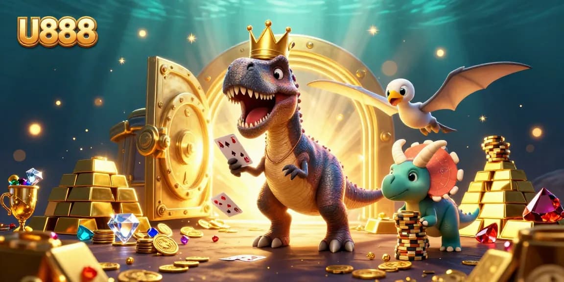 U888 brings excitement as the T-Rex shuffles cards while the triceratops stacks chips and treasure glimmers.