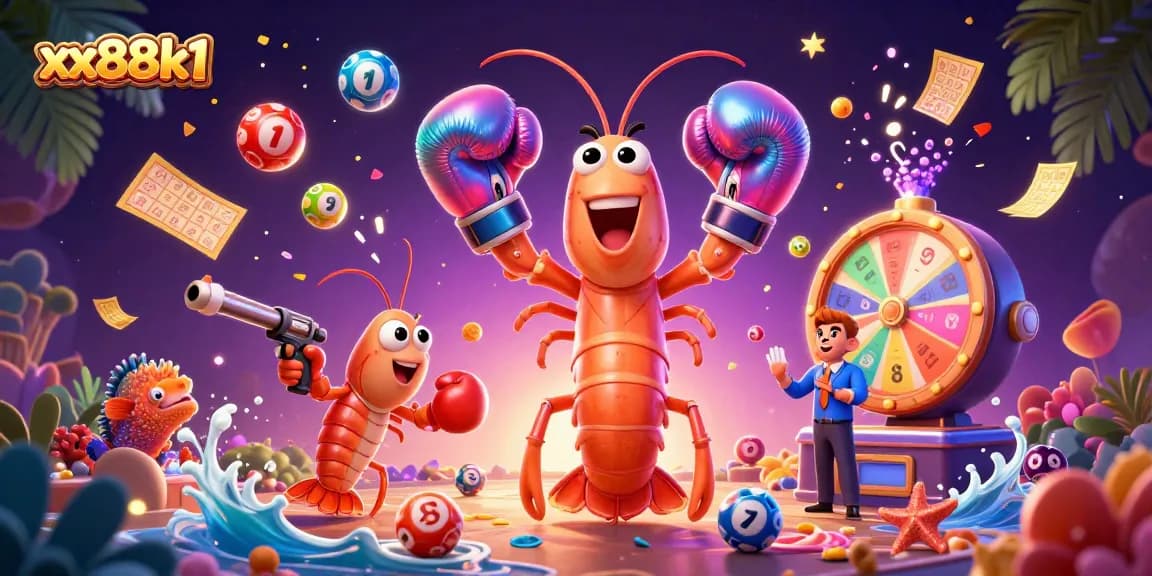 Win big at xx88k1 as colorful lottery elements bounce around cartoon characters celebrating in a vibrant casino scene.