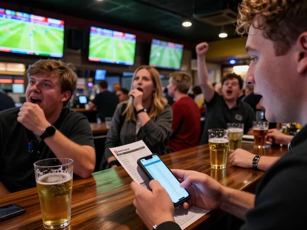 Betting on ผลบอล in a lively sports bar with friends cheering for their teams