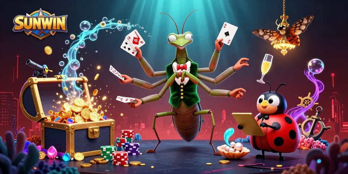 SUNWIN captivates players with vibrant 3D casino illustration showcasing engaging characters, cards, and gold treasures.