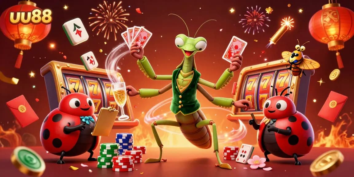 Experience thrilling wins with uu88's vibrant casino scene featuring card shuffling mantis and lucky symbols.