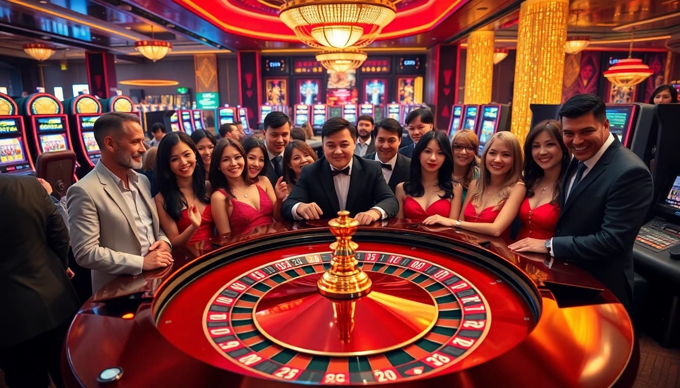 Experience the thrilling ambiance of luck8 com casino with vibrant slot machines and a grand roulette table.