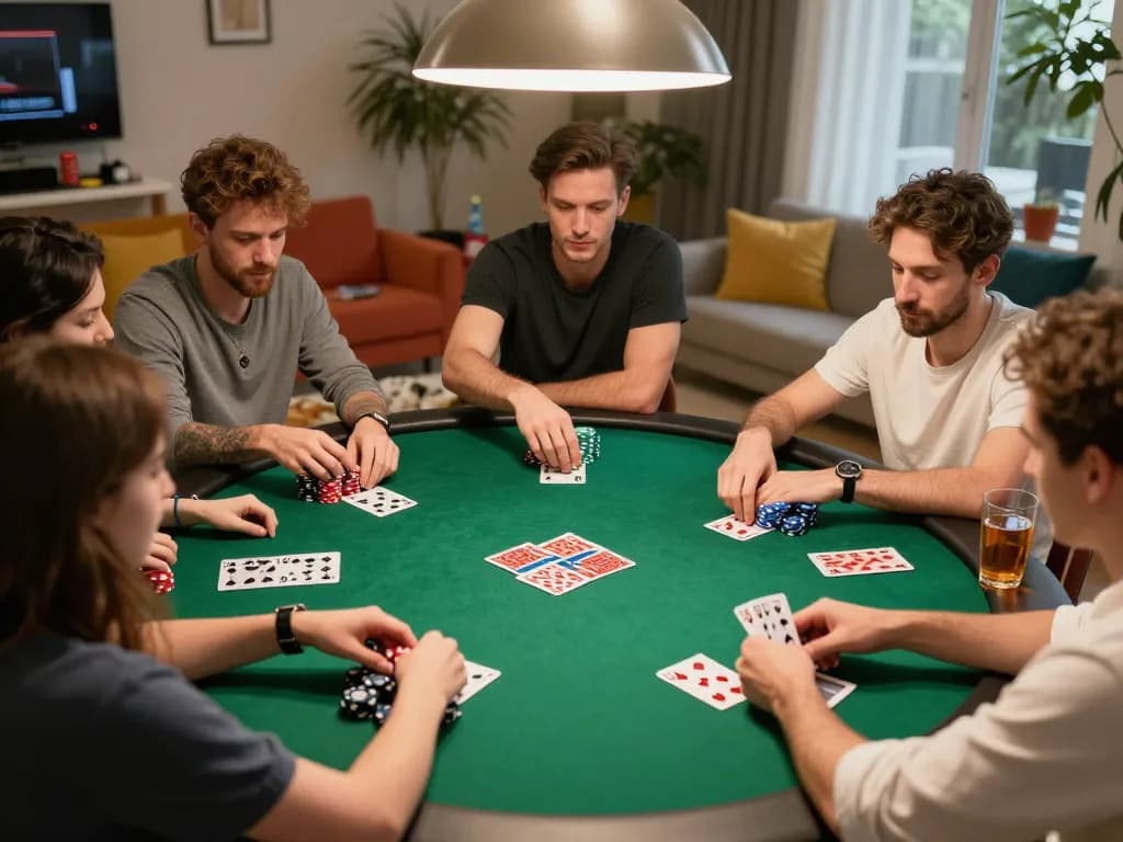 manclub home poker game scene with players engaged in strategic play and camaraderie