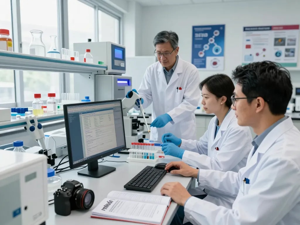 Research team studying mb66 antiviral film technology in a modern lab