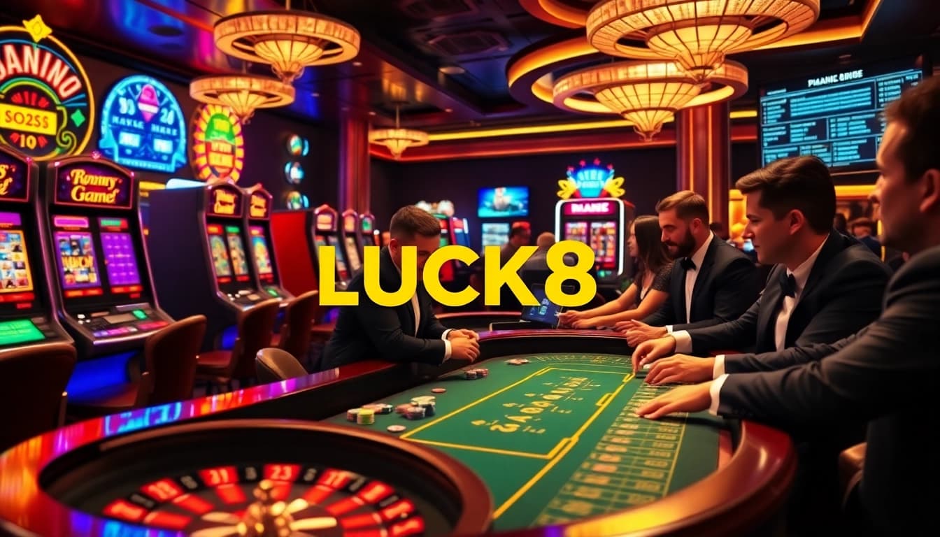 High-stakes poker gaming atmosphere at LUCK8 featuring vibrant slot machines and excited players.
