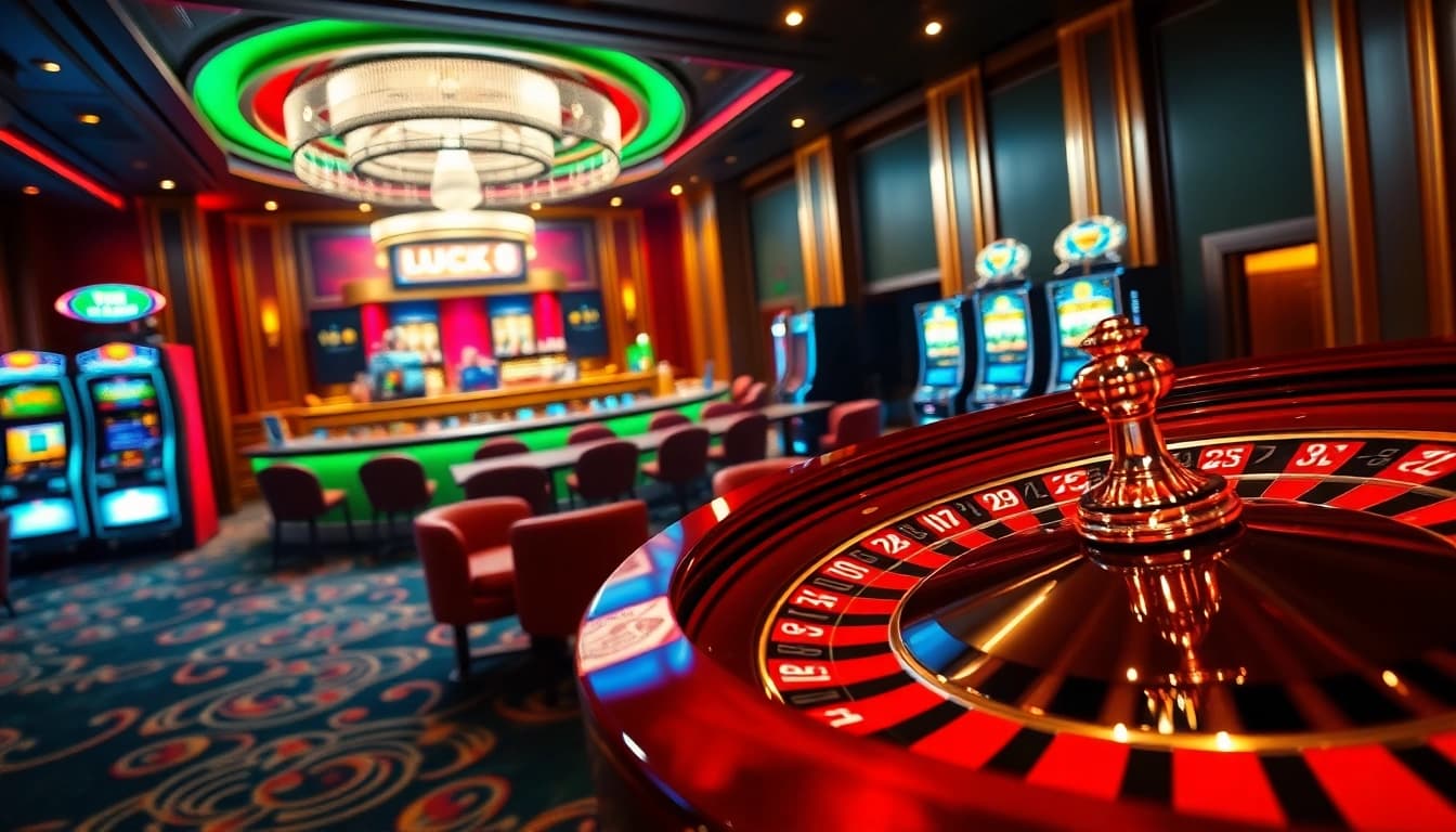 LUCK8 casino scene showcasing exciting gaming tables and vibrant slot machines in a luxurious setting.