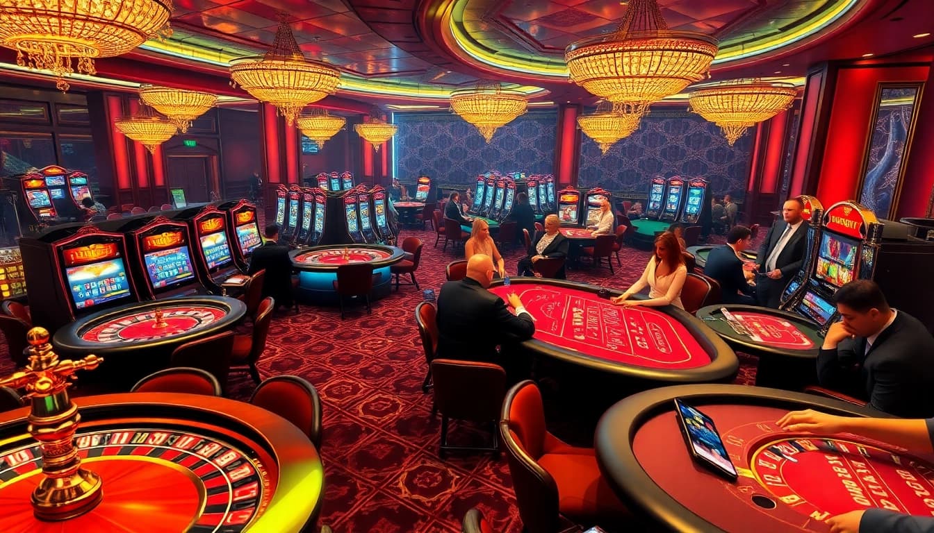 Experience high-stakes gaming at THABET casino with vibrant tables and excited players.