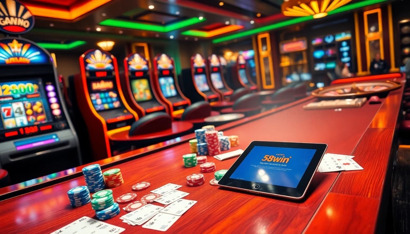 Players enjoy vibrant poker and slot games at 58win casino, highlighting excitement and professionalism.