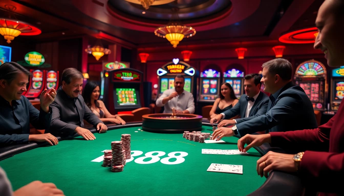 Engage in thrilling moments at the TR88 poker table surrounded by vibrant casino elements.