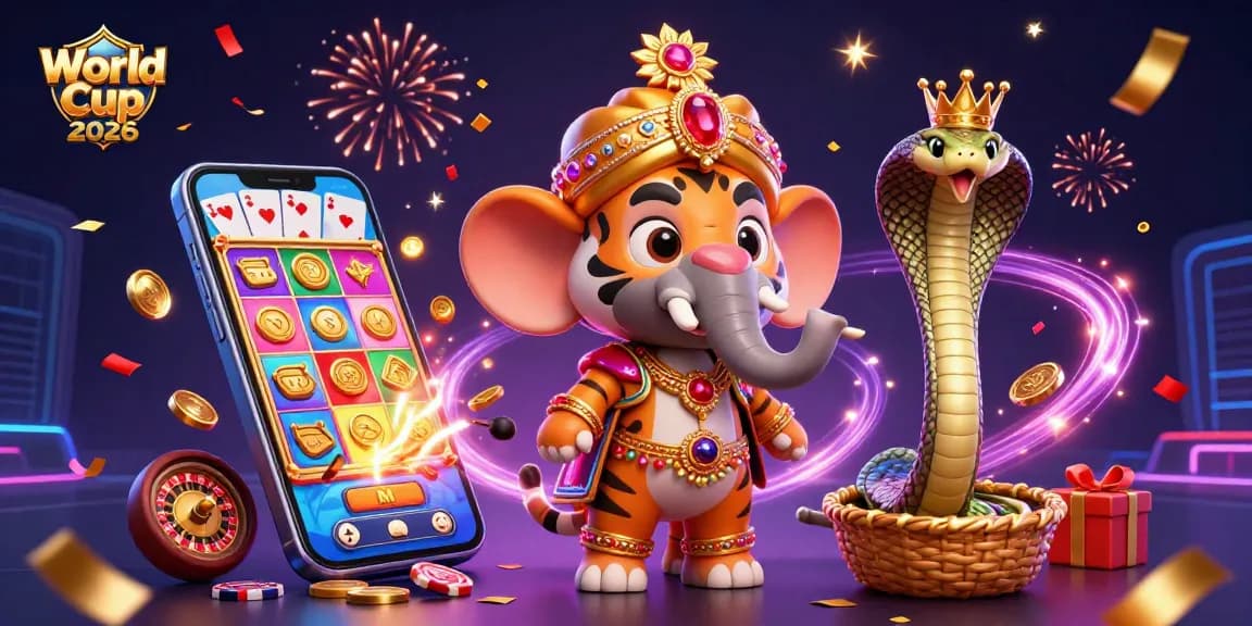 Engaging World Cup 2026 scene with maharaja tiger, elephant, and slot games in vivid colors.