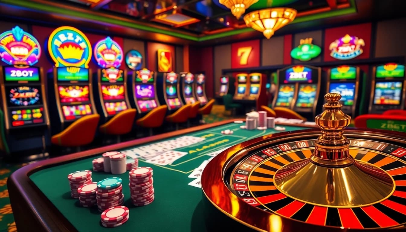 ZBET gaming table showcasing vibrant poker chips and a roulette wheel in a luxurious casino setting.