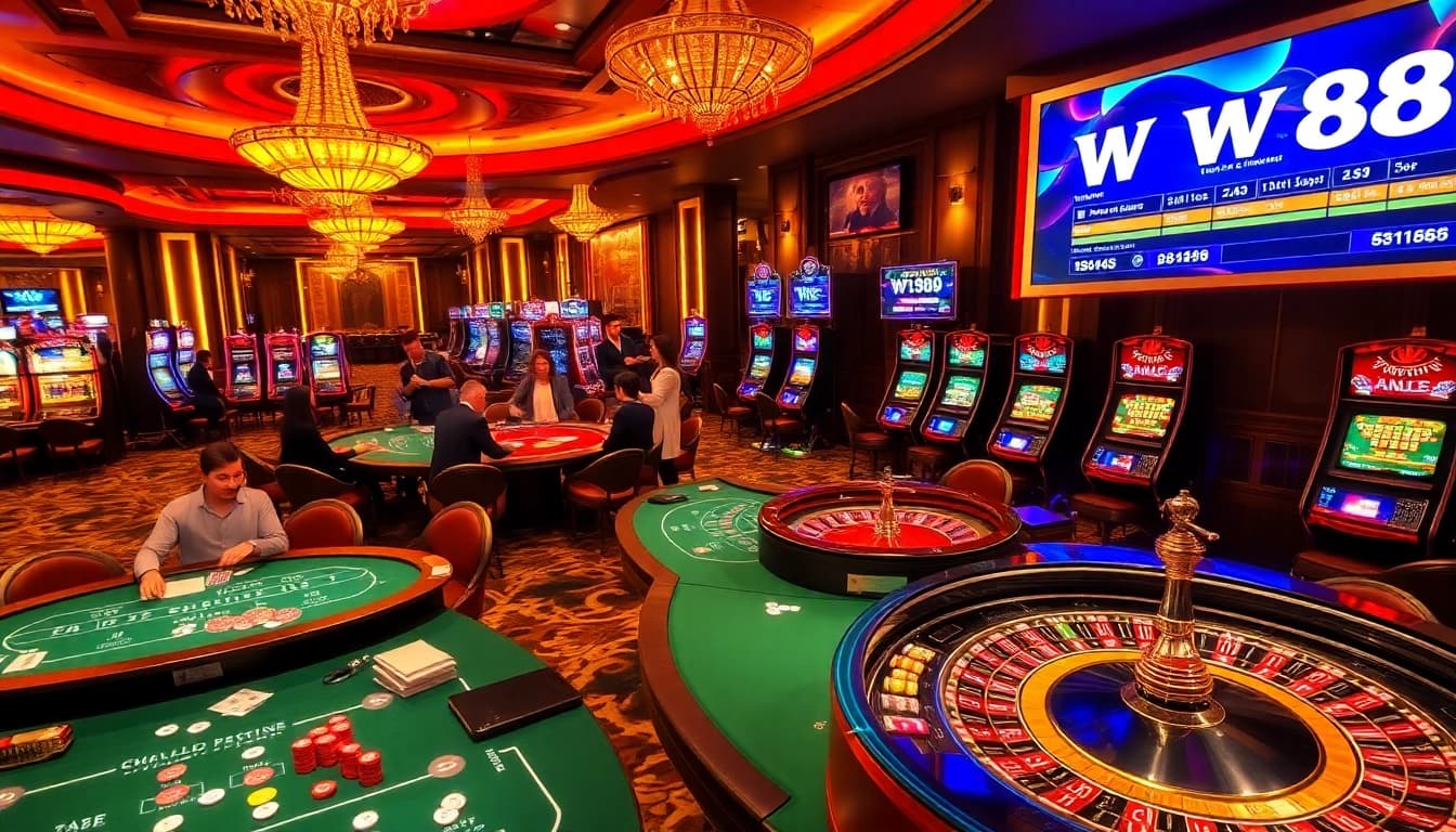 WE88 players enjoying a thrilling casino atmosphere with roulette, poker, and slot games.