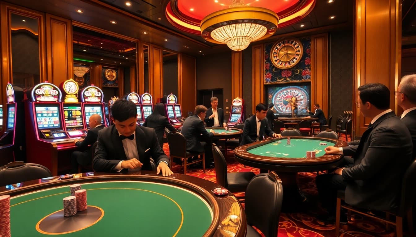 W88 casino scene with elegant tables, players in formal attire, and vibrant slot machines showcasing excitement.