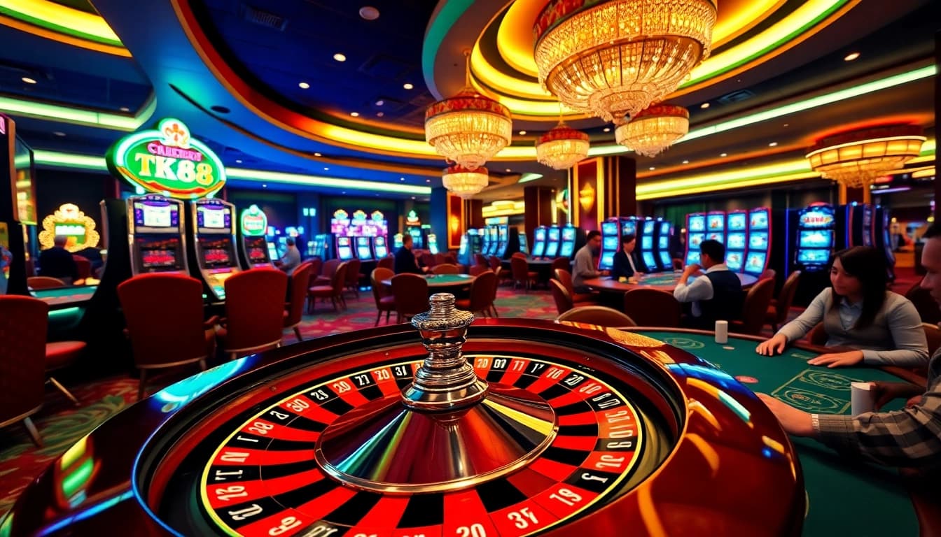 Experience thrilling gameplay at TK88 with colorful poker chips and a vibrant casino setting.