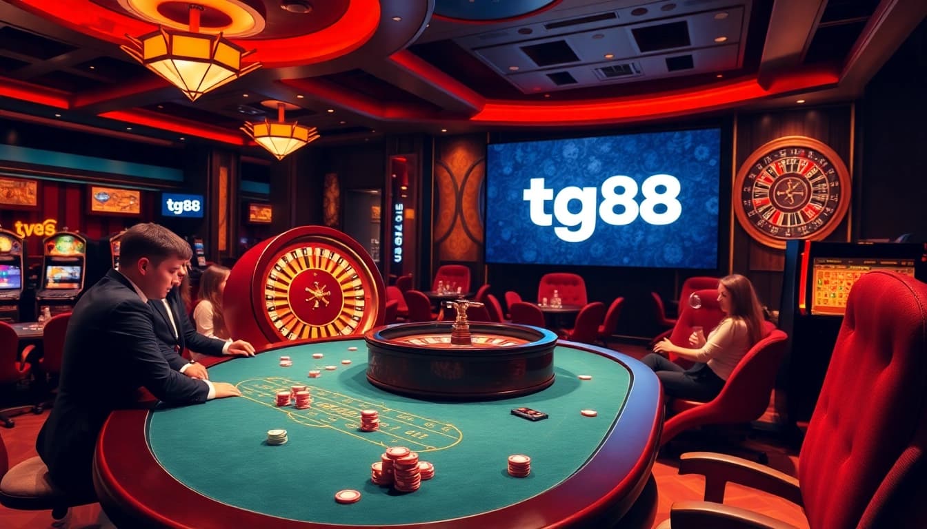 Intense gambling action at tg88 casino featuring vibrant slot machines and poker tables.
