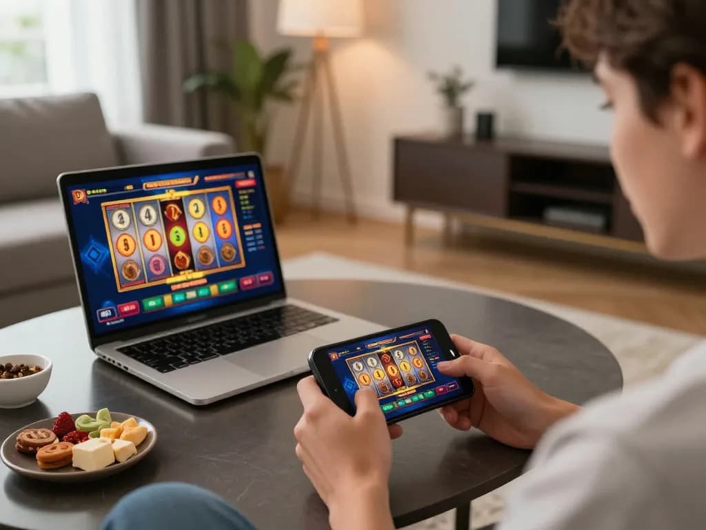Player enjoying a thrilling online gambling experience with SC88 on a smartphone in a cozy living room.