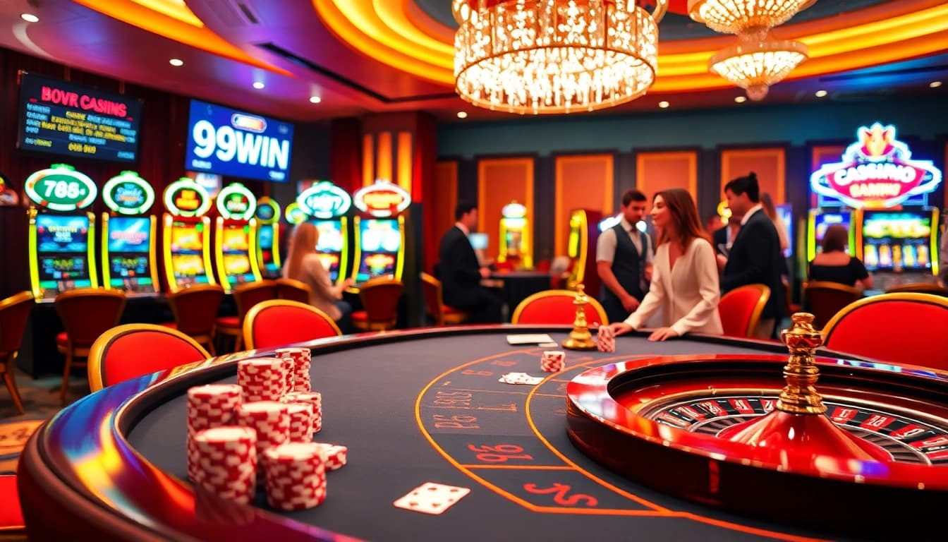 Exciting gambling scene at 99WIN featuring luxury poker tables and vibrant slot machines.