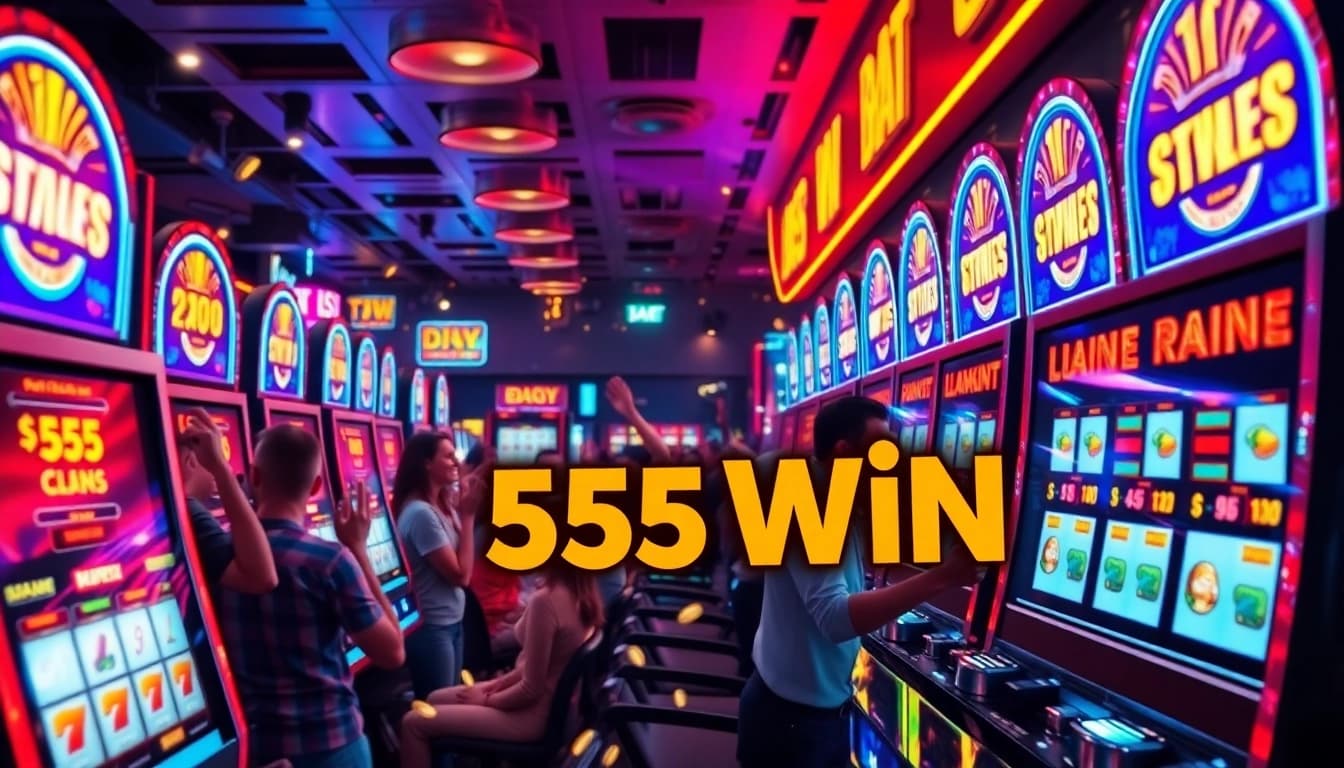 A lively casino scene with players celebrating a 555 win at slot machines, filled with vibrant lights and excitement.
