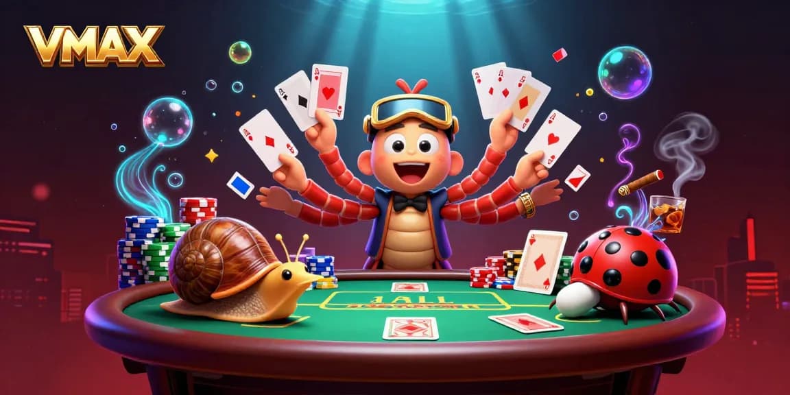 VMAX engaging players with a millipede dealer and snail high-roller in an exciting poker scene.