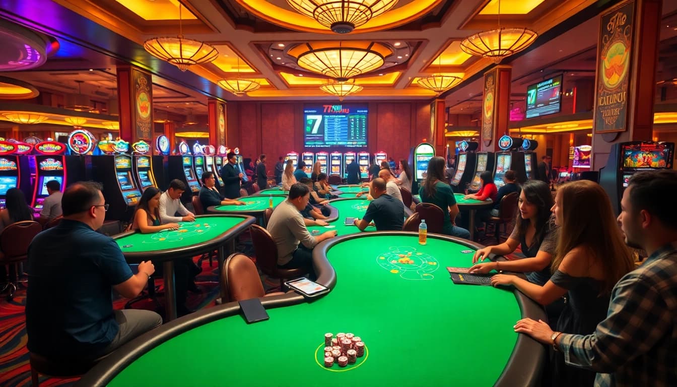 79KING casino showcasing vibrant games and engaged players, emphasizing excitement and professionalism in gambling.