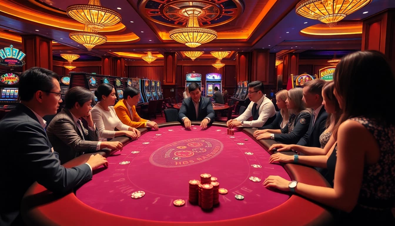 Engaging scene of mmoo players at a vibrant casino table surrounded by poker chips and slot machines.