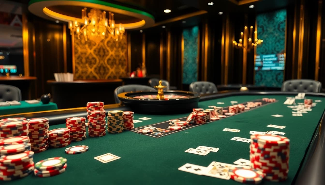 Players enjoying a thrilling poker game at TV88's luxurious casino, showcasing vibrant chips and cards.