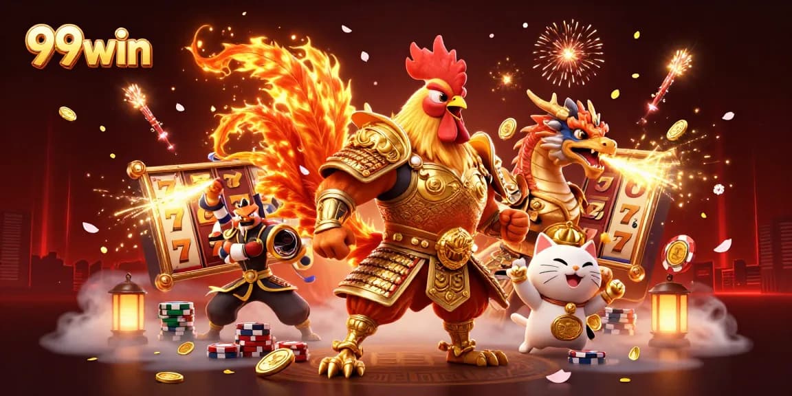 Experience thrilling slot action at 99win with a dynamic scene featuring vibrant characters and casino elements.