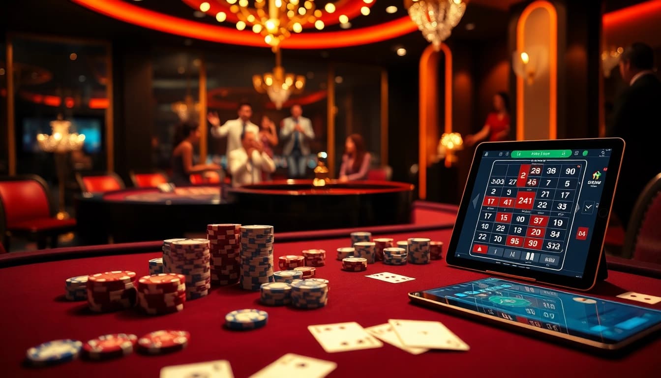 Engaging casino scene featuring MMOO gaming table with poker chips and roulette wheel.