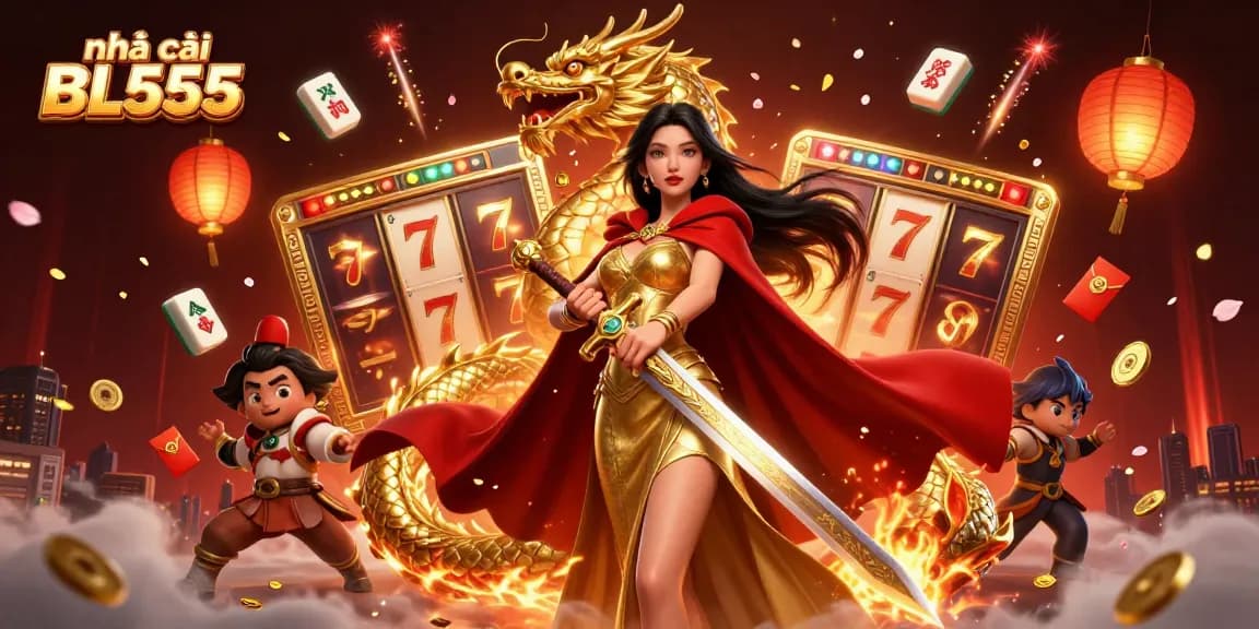 Immerse in the world of nhà cái BL555 with dynamic 3D casino features, golden dragons, and slot reels.