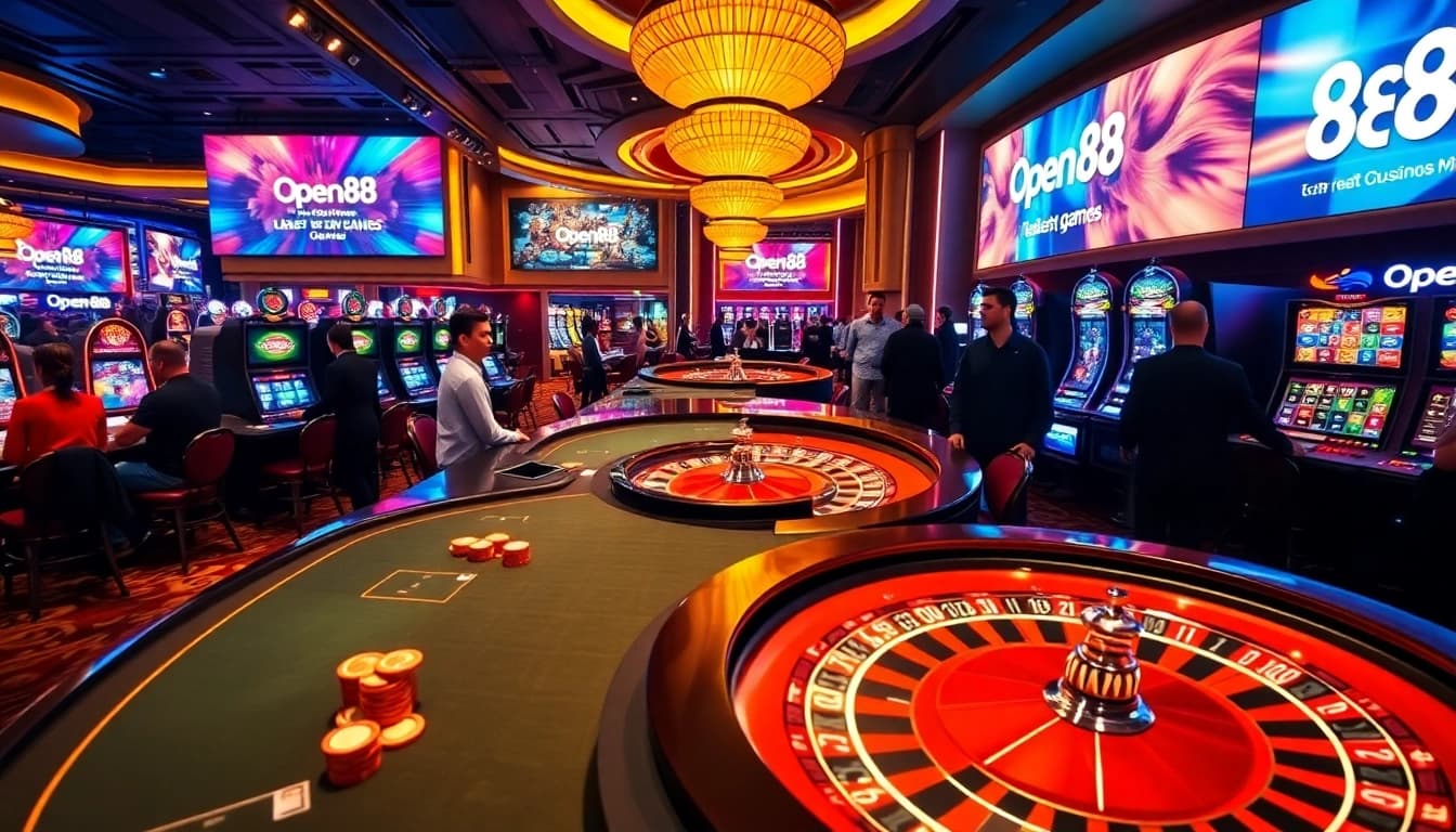 Players enjoying the excitement of Open88 at an elegant casino, featuring vibrant tables and slot machines.