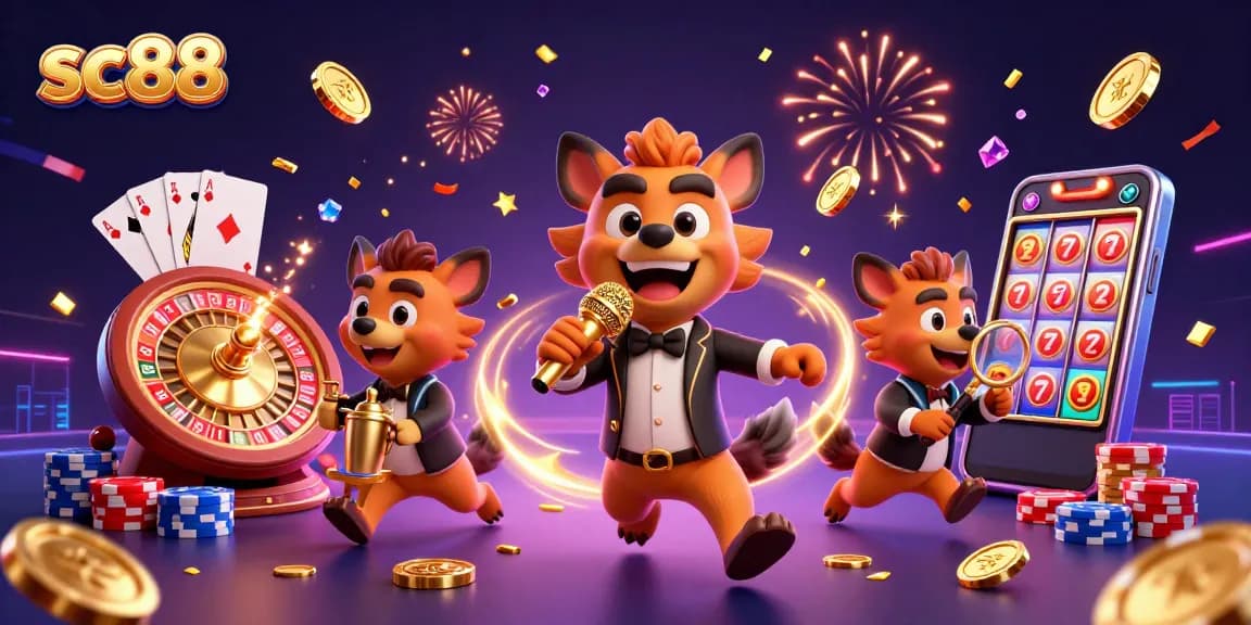 Casino hyena characters engaging in fun activities, reinforcing sc88 gaming excitement with vibrant energy.