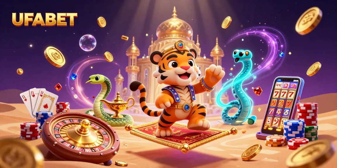 Engage in the magical world of UFABET with a vibrant 3D illustration showcasing thrilling casino elements and enchanting characters.