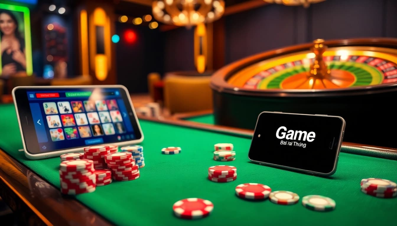 Engage in Game Bài Đổi Thưởng at a luxurious online casino featuring vibrant poker chips and roulette.