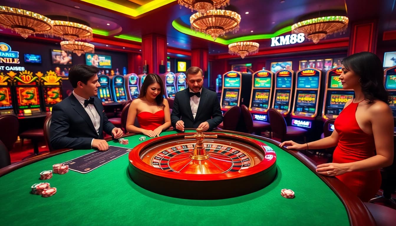 Experience excitement at km88 casino with gamblers at a roulette table and vibrant slot machines.