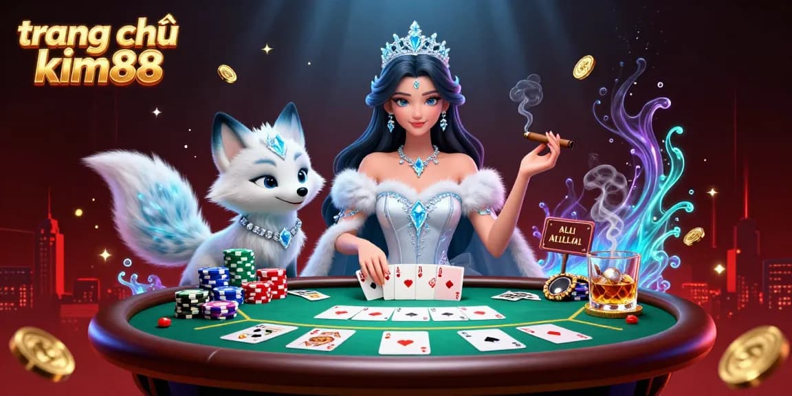 Experience thrilling gaming at trang chủ kim88 with this detailed illustration showcasing an arctic theme and poker elements.
