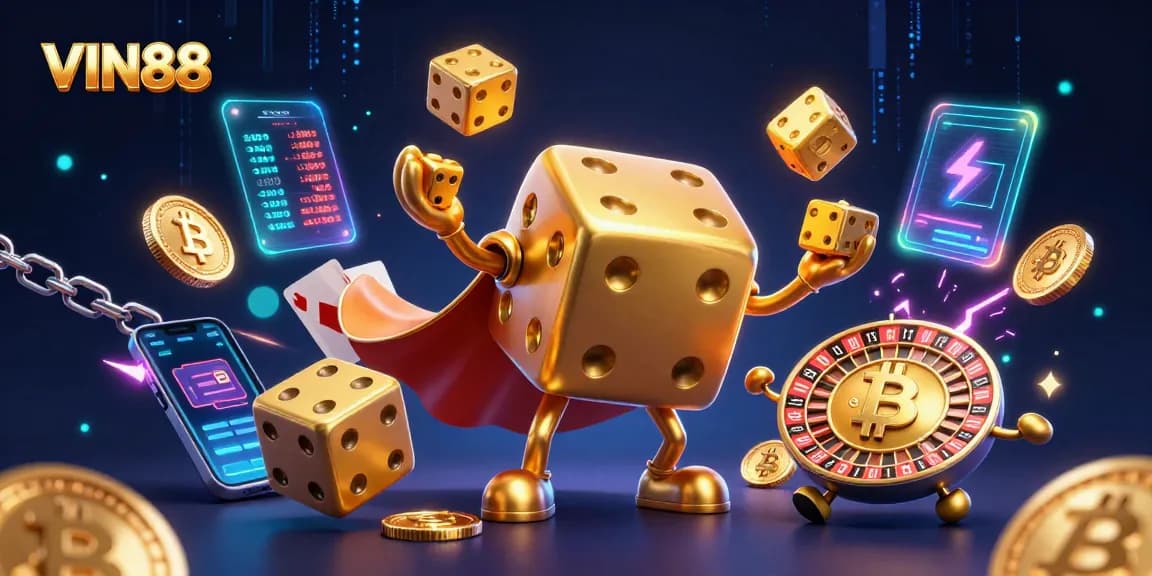 Experience thrilling moments at VIN88 with a vibrant 3D casino showdown featuring golden dice and digital elements.