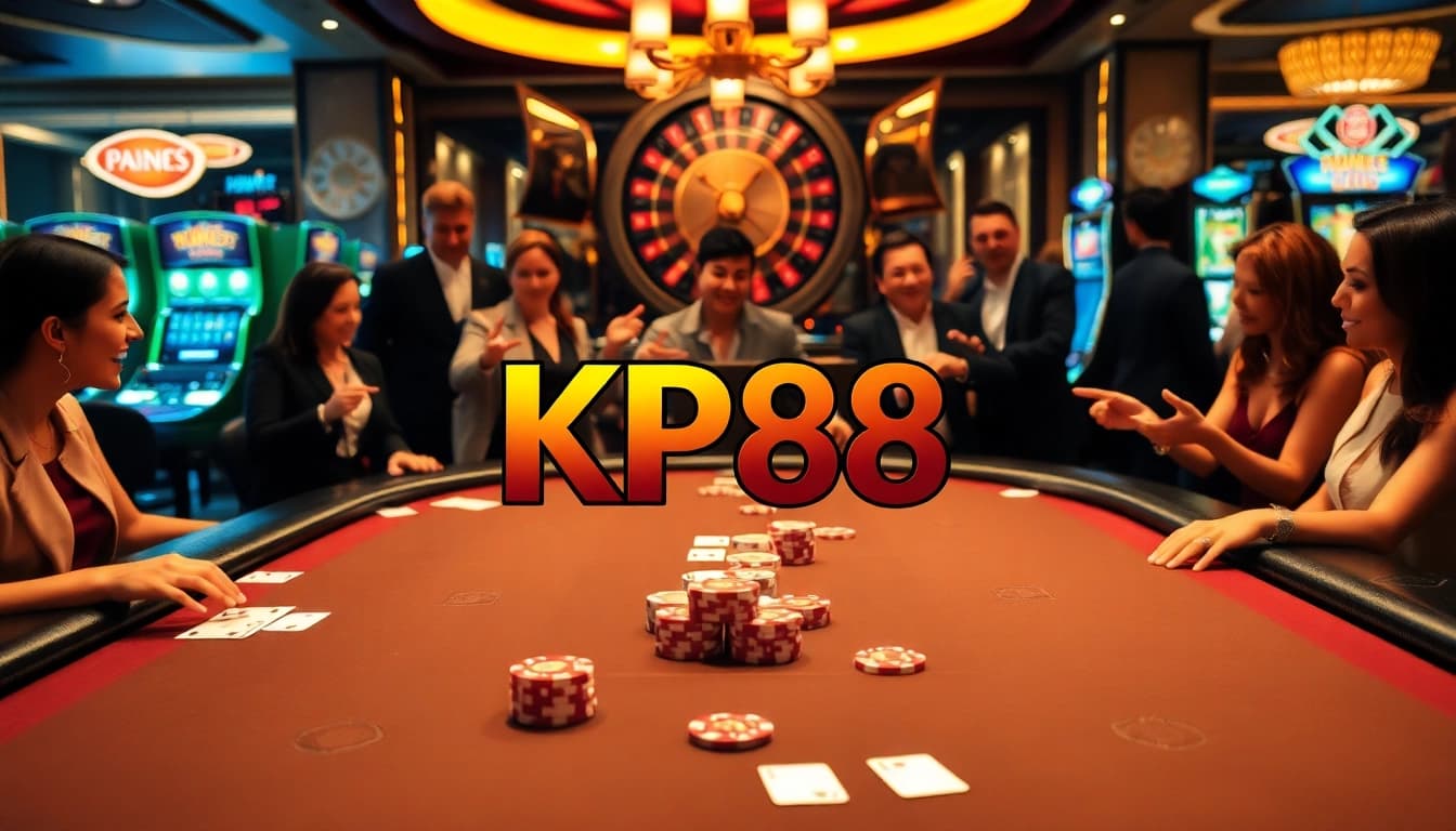 KP88 logo at an upscale poker table with excited players enjoying a thrilling casino experience.