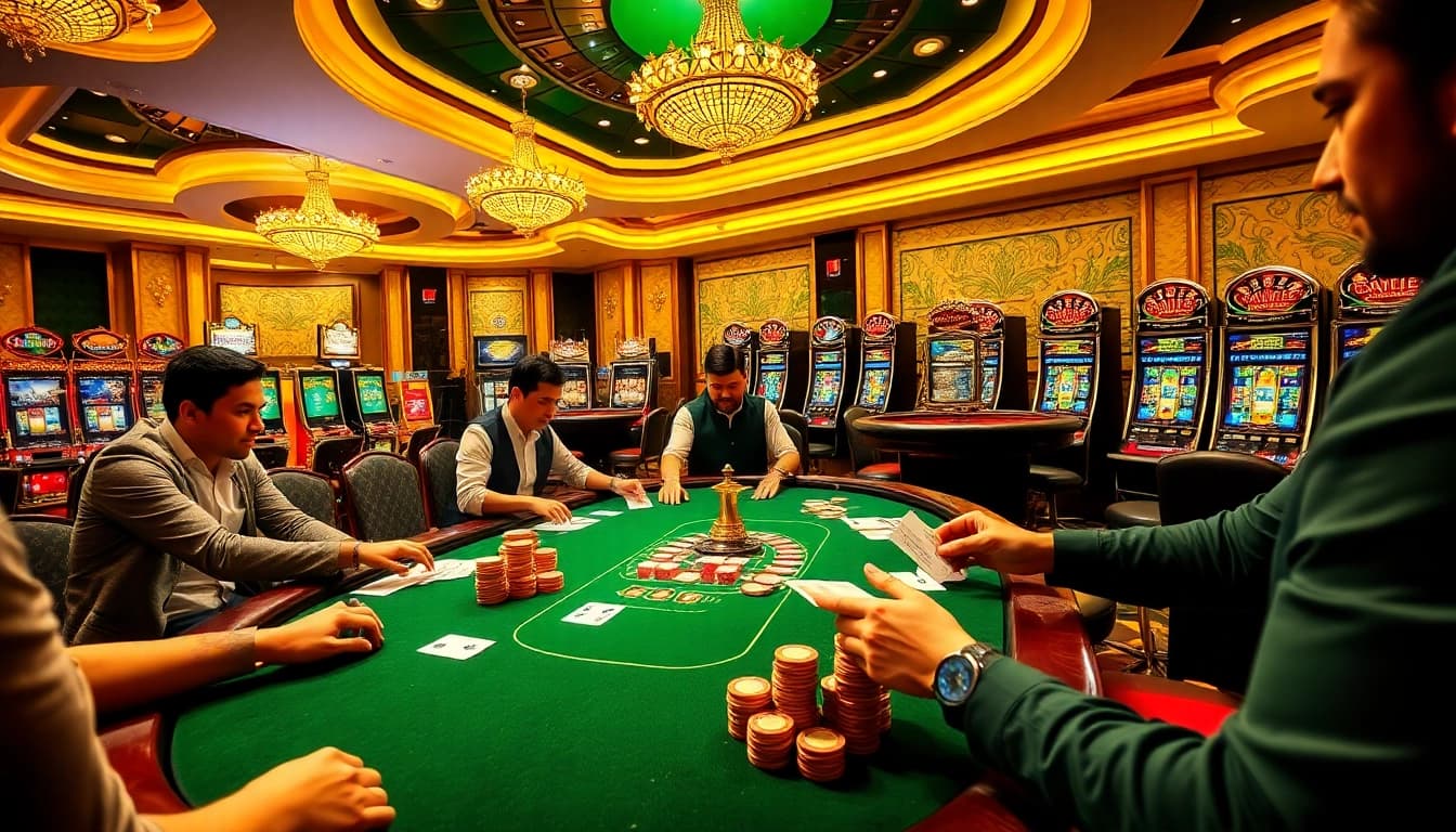 B52 casino scene showcasing poker and roulette excitement for real money gaming.
