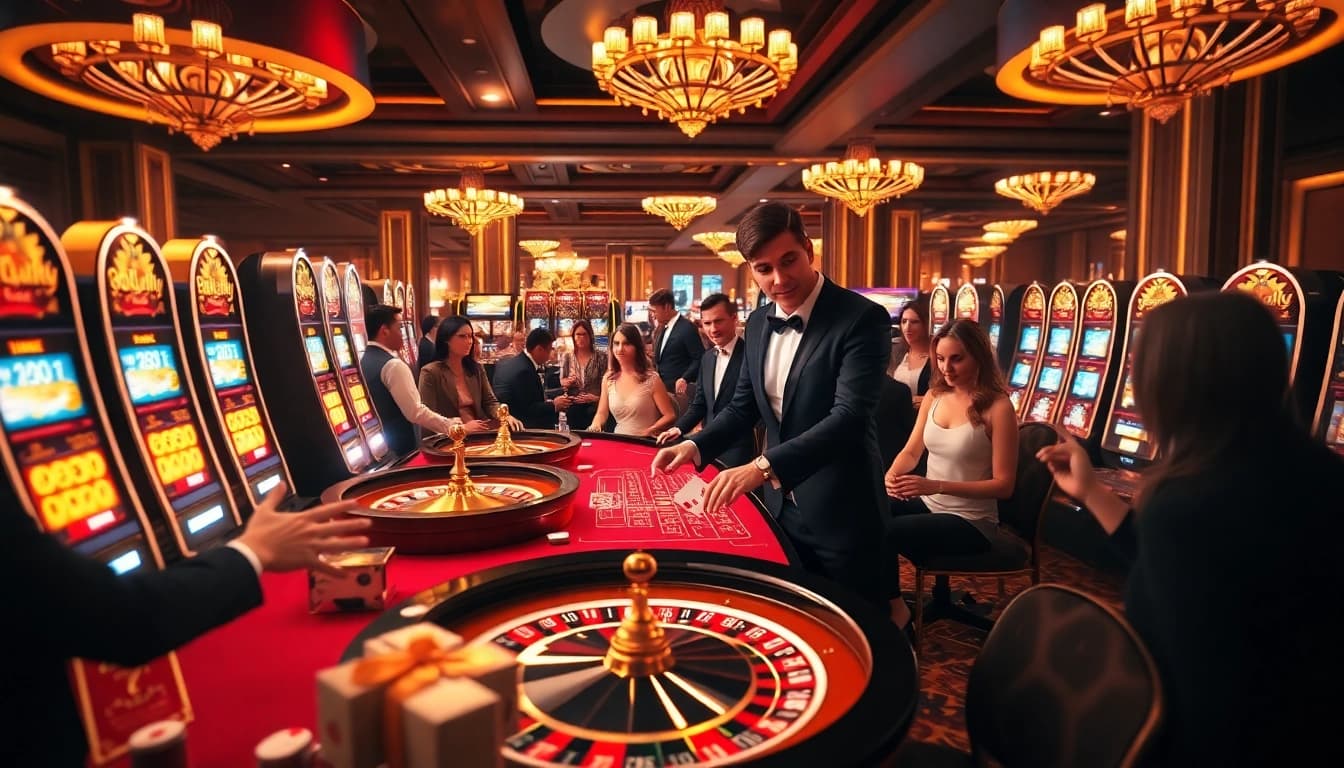 Experience the excitement at https://77win.bar/ with players engaging at luxurious casino tables and sparkling slot machines.