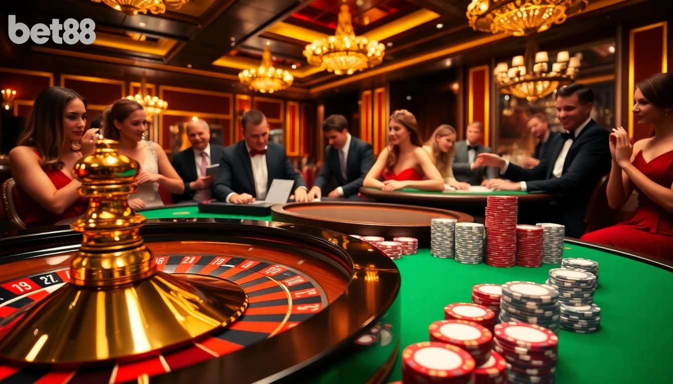Bet88 players enjoying the thrill of Roulette with polished chips and high-stakes action
