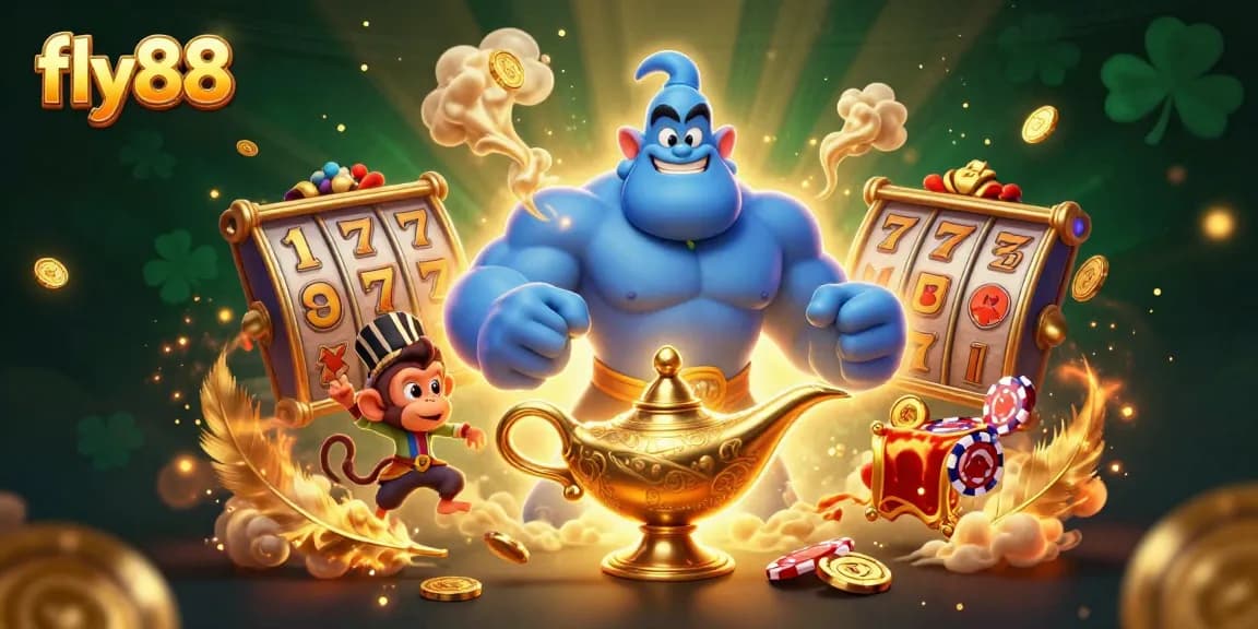 Experience thrilling action with fly88 as a blue genie emerges from a lamp amidst vibrant gaming elements.